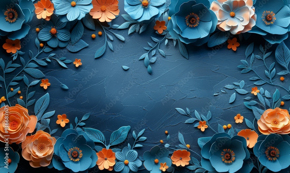 Assorted 3D floral border with a central copy space, set against a dark backdrop Assorted 3D floral border with a central copy space, set against a dark backdrop