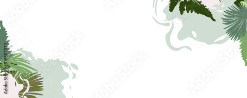 Tropical leaves and pond. Green lake covered with grassy areas. Vector banner with copy space for text.