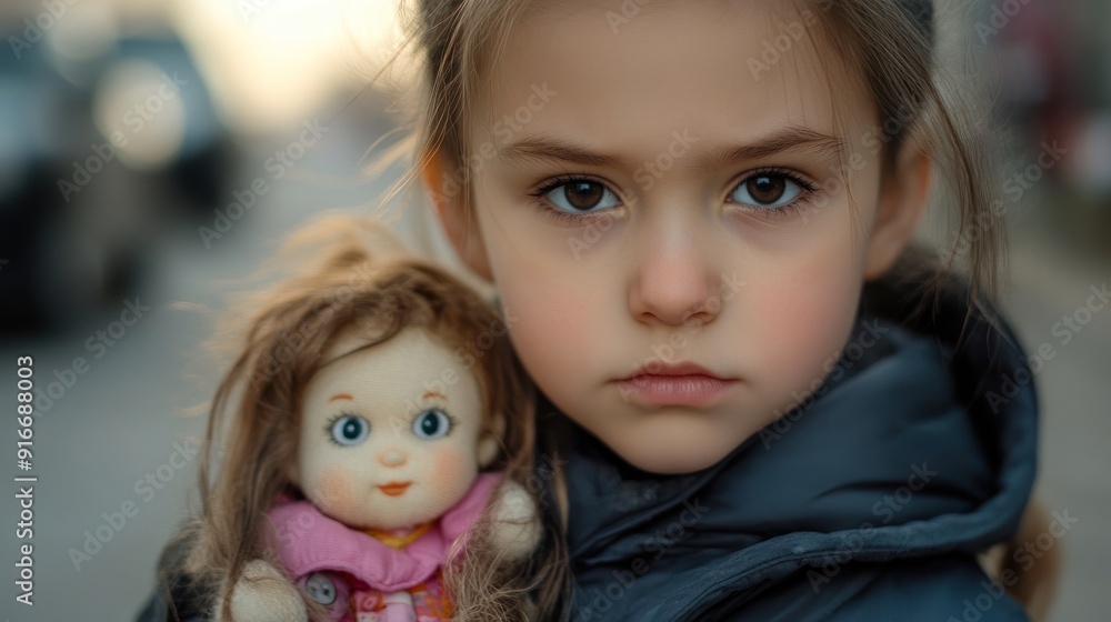 A little girl looking at the camera with a serious expression while holding a doll. A little girl looking at the camera with a serious expression while holding a doll.