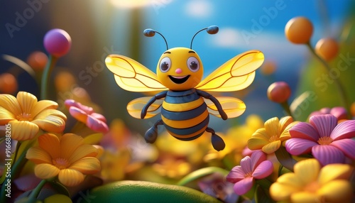 Una alegre y sonriente abeja hecha de plastilina volando sobre una flor. Tema infantil