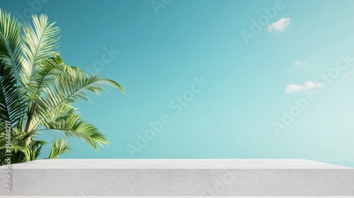 3D summer display platform with a minimalist design and a vibrant tropical background, including palm trees and clear skies