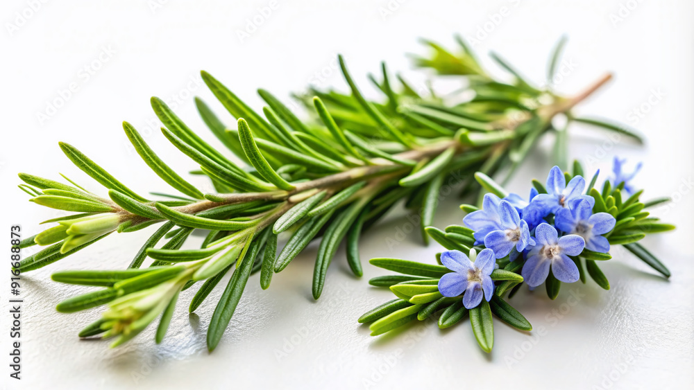 Delicate fresh green rosemary sprigs with tiny blue flowers set against a soft, creamy white background, evoking a sense of culinary freshness and elegance. Delicate fresh green rosemary sprigs with tiny blue flowers set against a soft, creamy white background, evoking a sense of culinary freshness and elegance.