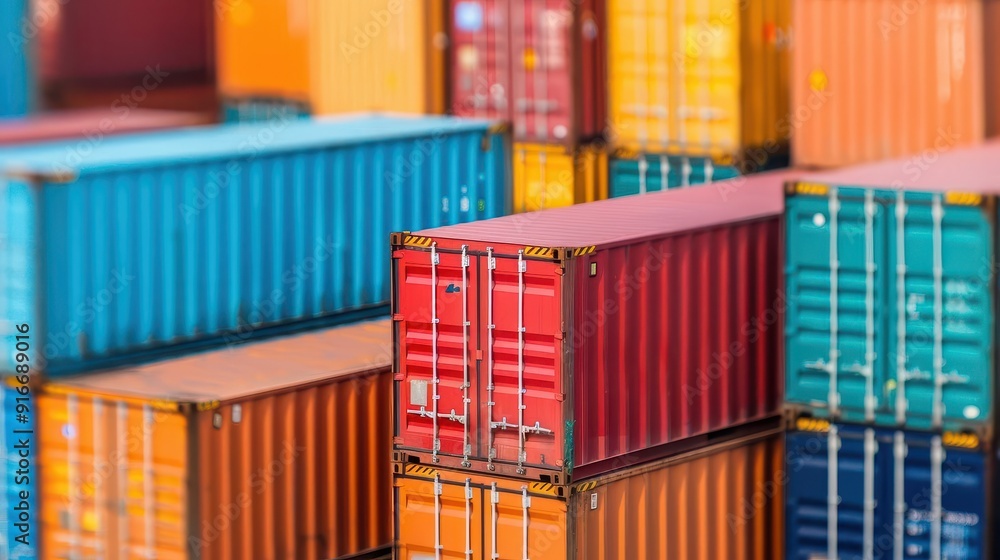 Fototapeta premium Multiple colorful shipping containers stacked, showcasing international trade, transportation, and cargo logistics.