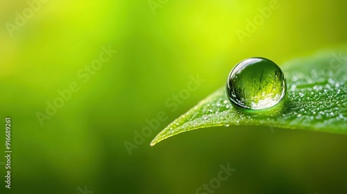 A Single Dewdrop Reflecting Green on a Leaf