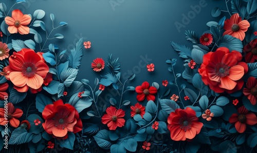 Assorted 3D floral border with rich colors and a central copy space on a dark backdrop