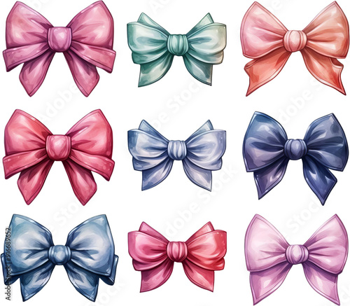 Nine colorful bows, perfect for adding a festive touch to your designs. Isolated on black background.