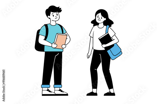 Two Students in Jeans and Sneakers Line Art Doodle Vector Holding Books and Folders photo