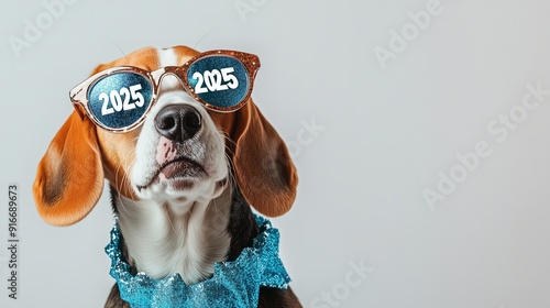 Beagle dog wearing new year glasses with text 