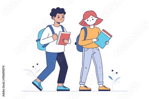 Two Students in Jeans and Sneakers Line Art Doodle Vector Holding Books and Folders photo