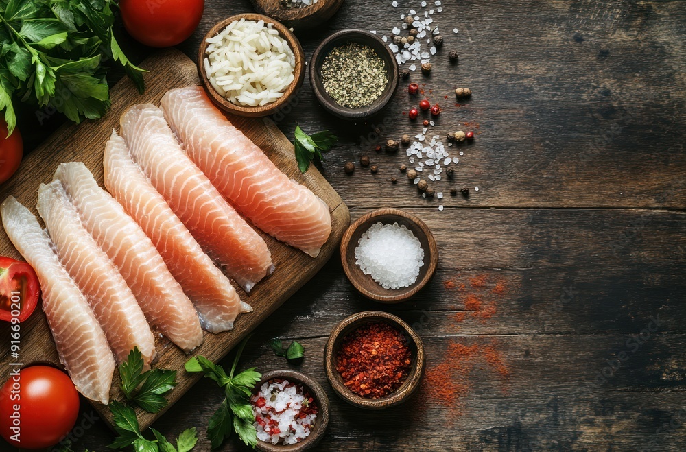 Fish Fillet with Spices on a Wooden Surface Fish Fillet with Spices on a Wooden Surface
