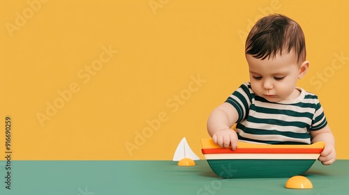 Baby playing with a toy boat, flat design illustration photo