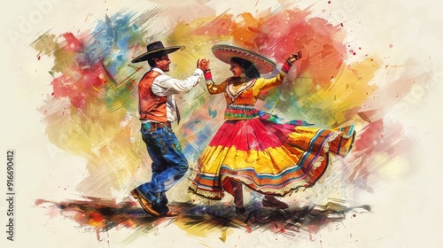 Watercolor illustration of poster for cinco de mayo with a couple dancing in traditional attire