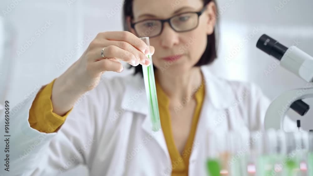 Scientist examining lab tube with a green fluid. Microbiology and science concept Scientist examining lab tube with a green fluid. Microbiology and science concept