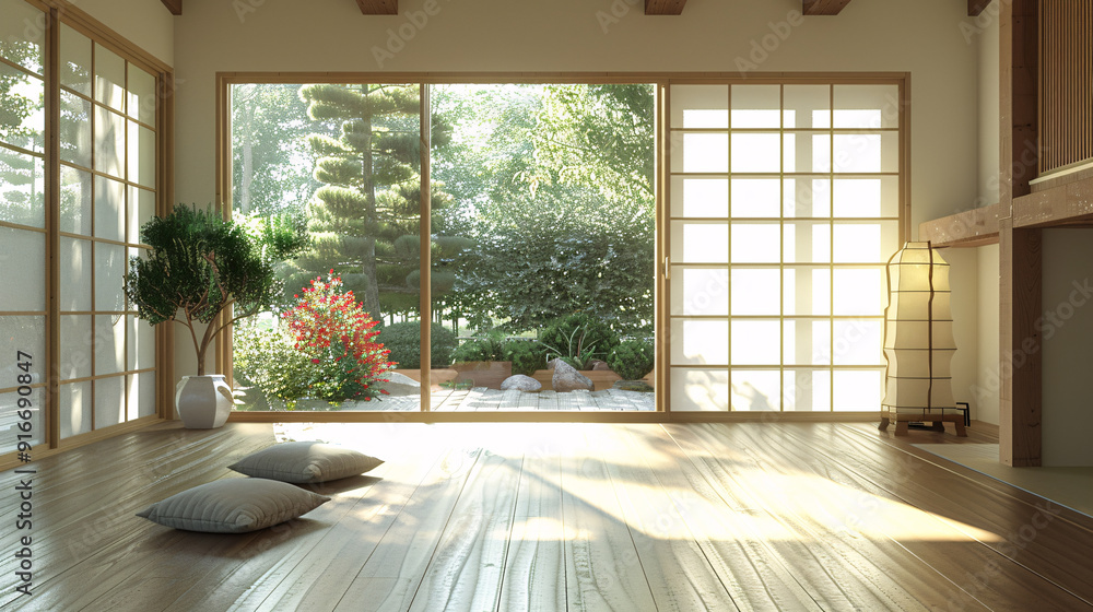 A serene minimalist living room with a Japanese aesthetic, featuring large windows that offer a view of a lush garden. The natural light streams in, creating a warm and inviting atmosphere. The room f A serene minimalist living room with a Japanese aesthetic, featuring large windows that offer a view of a lush garden. The natural light streams in, creating a warm and inviting atmosphere. The room f