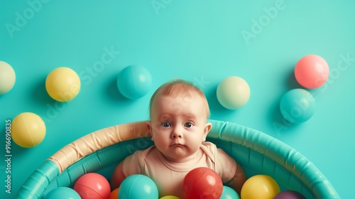 Infant in a ball pit, colorful balls around, flat design illustration