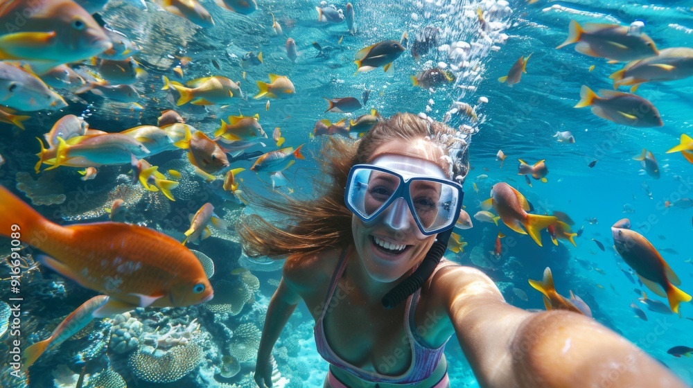 Naklejka premium Woman's Selfie amidst a Vibrant Shoal of Fish on a Tropical Dive