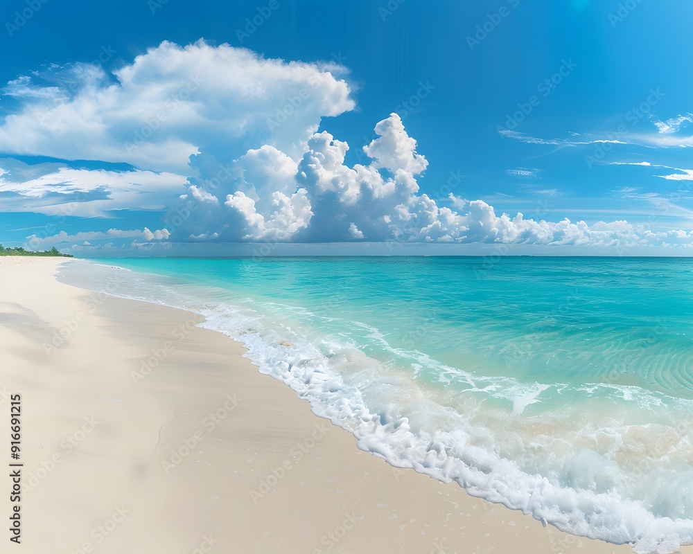 Obraz premium A serene beach scene with white sand, turquoise water and blue sky, sunlight reflecting off the ocean waves