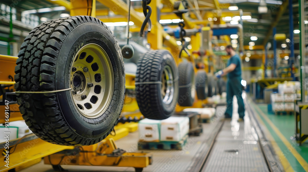 A tire production line with tires hanging on a conveyor belt in a tire factory A tire production line with tires hanging on a conveyor belt in a tire factory