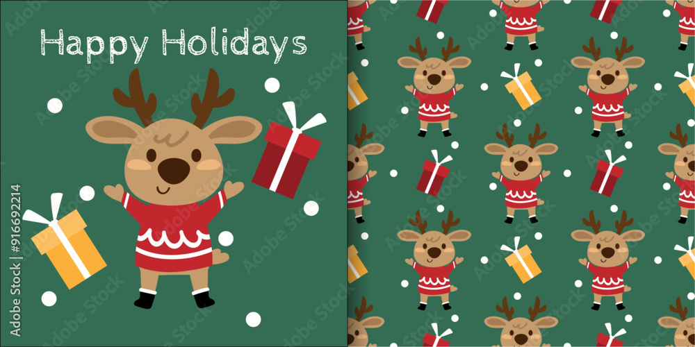 Christmas holidays banner and seamless pattern of Cute Reindeer wearing red sweater with gift boxes, snowflakes and Happy Holidays text on green background. Christmas holidays banner and seamless pattern of Cute Reindeer wearing red sweater with gift boxes, snowflakes and Happy Holidays text on green background.