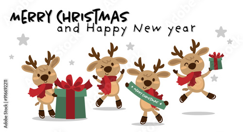 Set of cute reindeer in winter costume for Christmas holiday season banner on white background with stars. Design for greeting season or party invitation, for Winter Holidays season. 