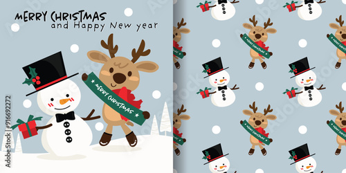 Christmas holidays banner and seamless pattern of a snowman in black hat and reindeer in red scarf holding a sign with Merry Christmas text on a light background with snowflakes.