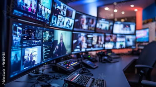 A news desk setup with multiple monitors displaying live feeds, social media updates, and a ticker of breaking news, illustrating a modern newsroom environment.
