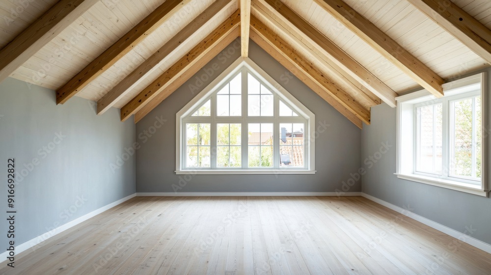 Obraz premium A large, empty room with a wooden ceiling and white walls. The room is very spacious and has a lot of natural light coming in through the windows. The room is very clean and well-maintained
