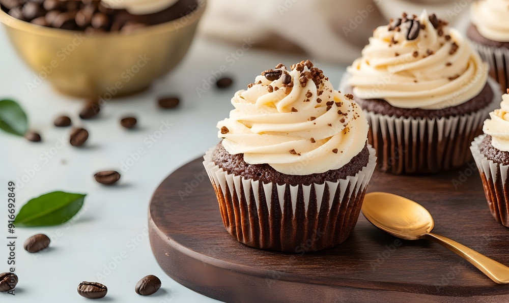 coffee cupcakes in center frame on a dark brown wooden plate , Generative AI coffee cupcakes in center frame on a dark brown wooden plate , Generative AI
