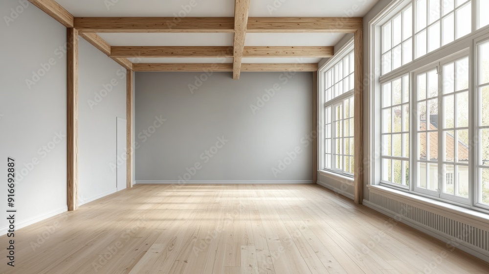 A large, empty room with wooden beams and white walls. The room is very spacious and has a clean, minimalist feel. The large windows let in plenty of natural light, making the room feel bright A large, empty room with wooden beams and white walls. The room is very spacious and has a clean, minimalist feel. The large windows let in plenty of natural light, making the room feel bright