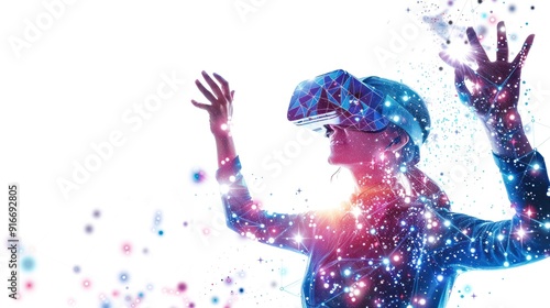 A person wearing Virtual reality glasses, hands raised in the air, surrounded by white particles and light spots, with holographic projection graphics floating