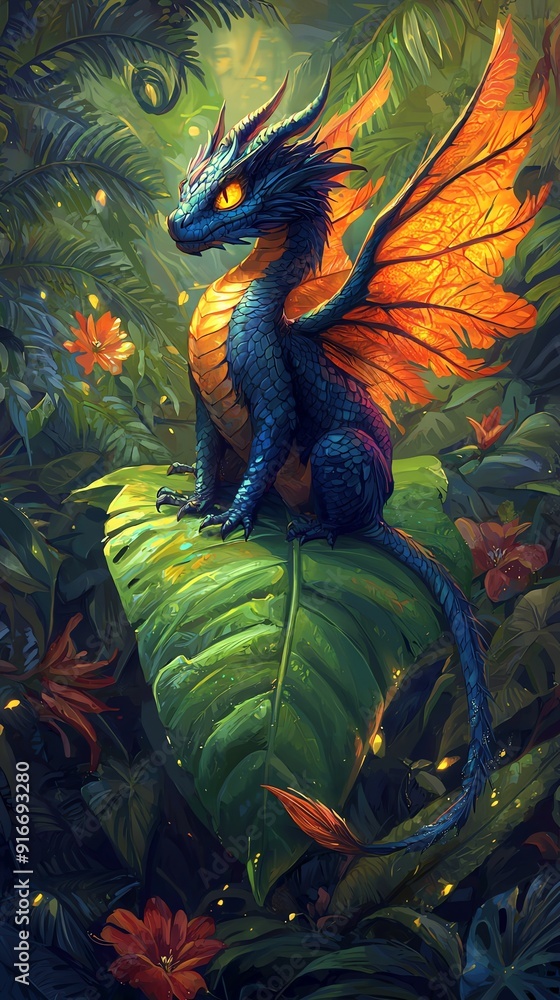 A captivating illustration of a mystical creature, blending dragon and fairy features, perched gracefully on a massive green leaf ina dense jungle. The creature has shimmering blue scales and fiery or A captivating illustration of a mystical creature, blending dragon and fairy features, perched gracefully on a massive green leaf ina dense jungle. The creature has shimmering blue scales and fiery or
