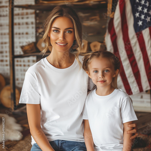 4th of July matching shirts mock up. Independence day mom with baby girl tshirt mockup. Double tee mock up, Woman with kid in white Bella Canvas 3001t, front view. USA flag background. 