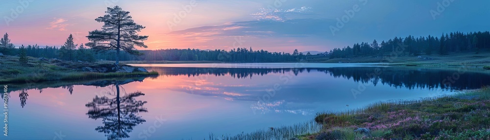 Tranquil lake reflecting dawn's first light, serene and peaceful Tranquil lake reflecting dawn's first light, serene and peaceful