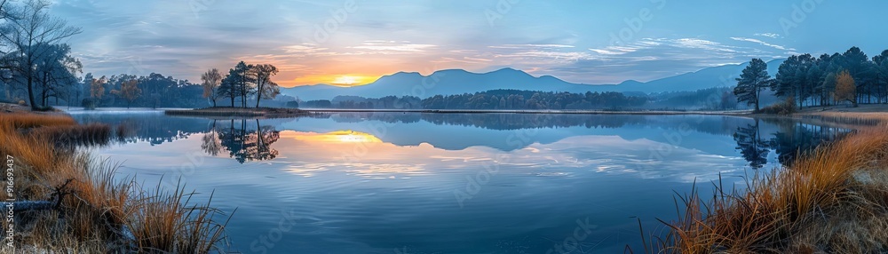 Fototapeta premium Tranquil lake reflecting dawn's first light, serene and peaceful