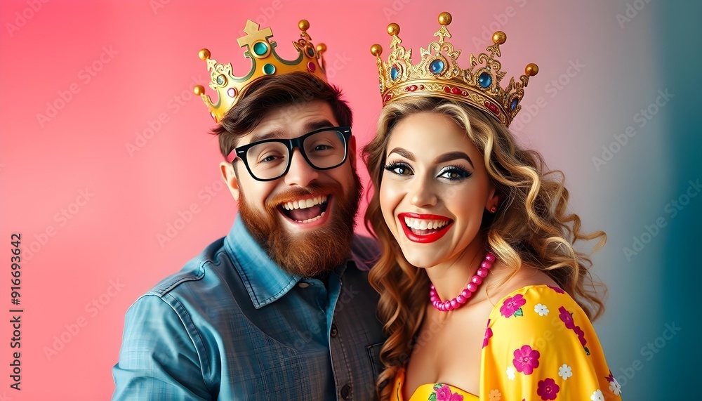 Obraz premium Fun, whimsical elements with bright colors and a sense of joy and creativity, king and queen, Bright, high-contrast lighting, giving a sharp, overexposed effect
