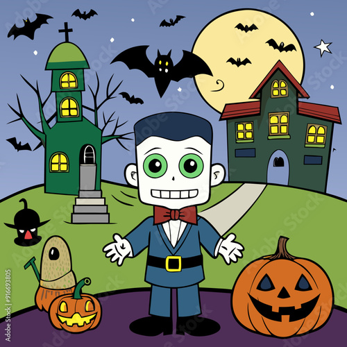 A cute cartoon skeleton boy stands outside on Halloween night surrounded by jack-o'-lanterns, bats, and a haunted house under a full moon.