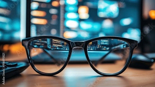 Glasses with City Lights Reflection