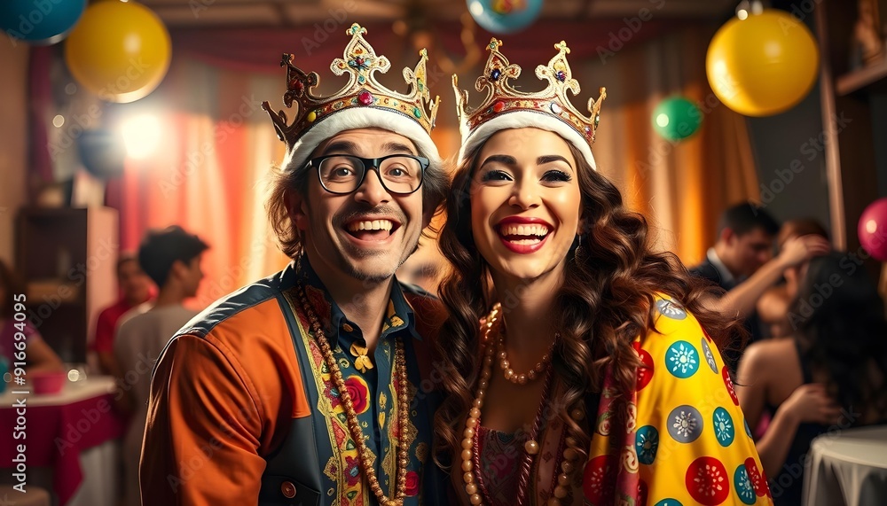 Fototapeta premium Fun, whimsical elements with bright colors and a sense of joy and creativity, king and queen, Bright, high-contrast lighting, giving a sharp, overexposed effect
