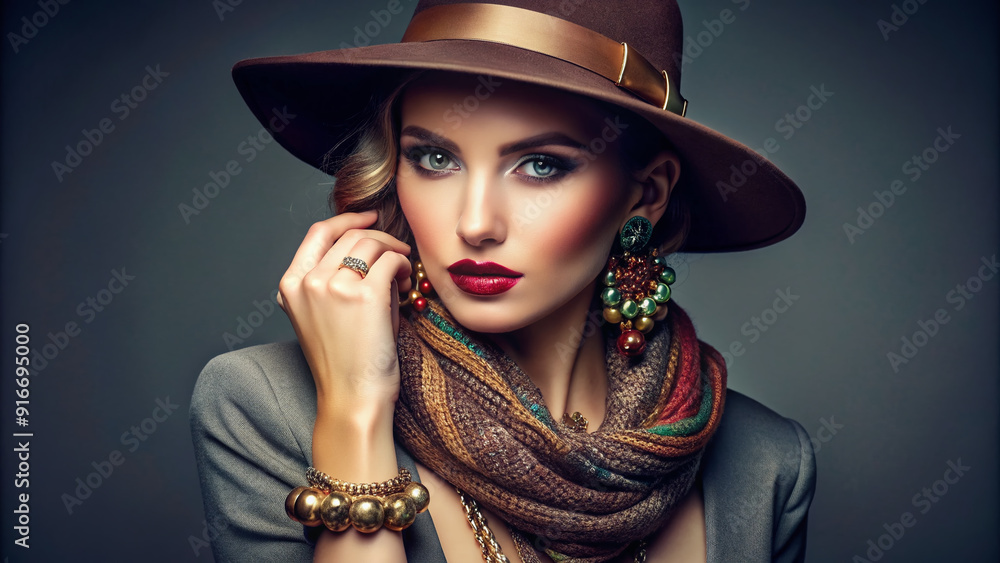 Elegant woman posing with fashionable jewelry, hats, and scarves, showcasing her personal style and sophistication in a modern, minimalist studio setting. Elegant woman posing with fashionable jewelry, hats, and scarves, showcasing her personal style and sophistication in a modern, minimalist studio setting.