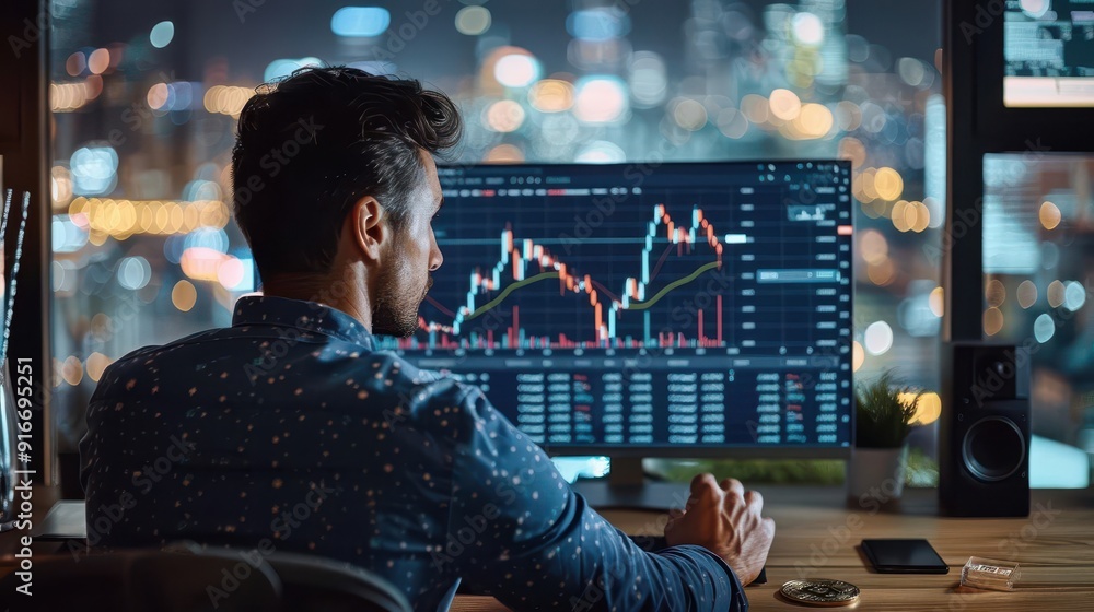 Young man analyzing stock market charts on a computer screen in a modern city office at night with a blurred cityscape view. Young man analyzing stock market charts on a computer screen in a modern city office at night with a blurred cityscape view.