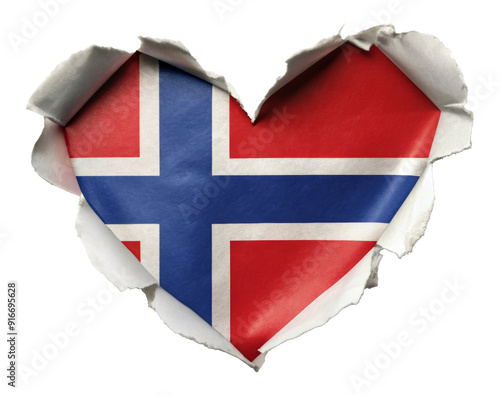 Norwegian flag in heart shape torn from paper isolated on transparent background photo