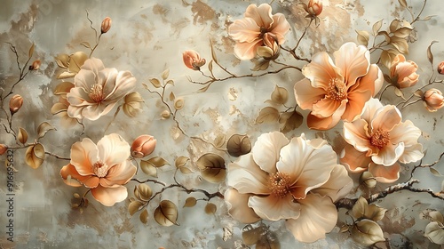 A beautifully ornate vintage wallpaper featuring orchids and camellias with intricate detailing. The flowers are rendered in soft hues with intricate details,