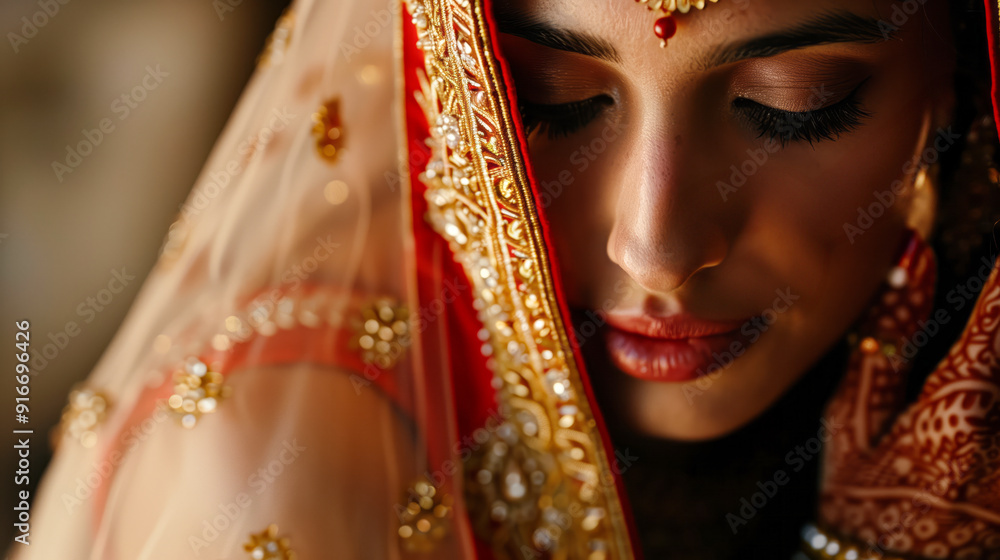 Indian wedding couple in a traditional pose, bride's hand on groom's shoulder Indian wedding couple in a traditional pose, bride's hand on groom's shoulder