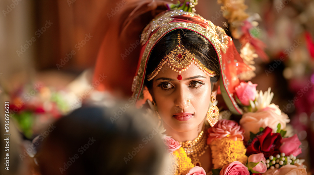 Indian wedding Griha Pravesh, bride being guided by mother-in-law, traditional welcome Indian wedding Griha Pravesh, bride being guided by mother-in-law, traditional welcome