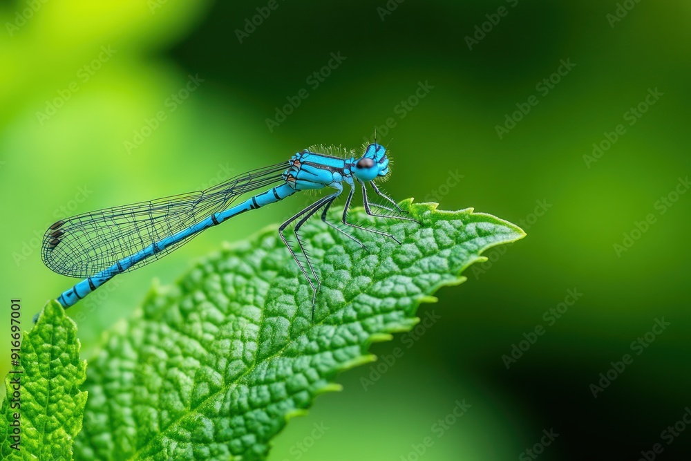 A blue dragonfly is sitting on a green leaf A blue dragonfly is sitting on a green leaf