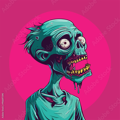 Stylized cartoon zombie with big eyes on a neon pink background.
