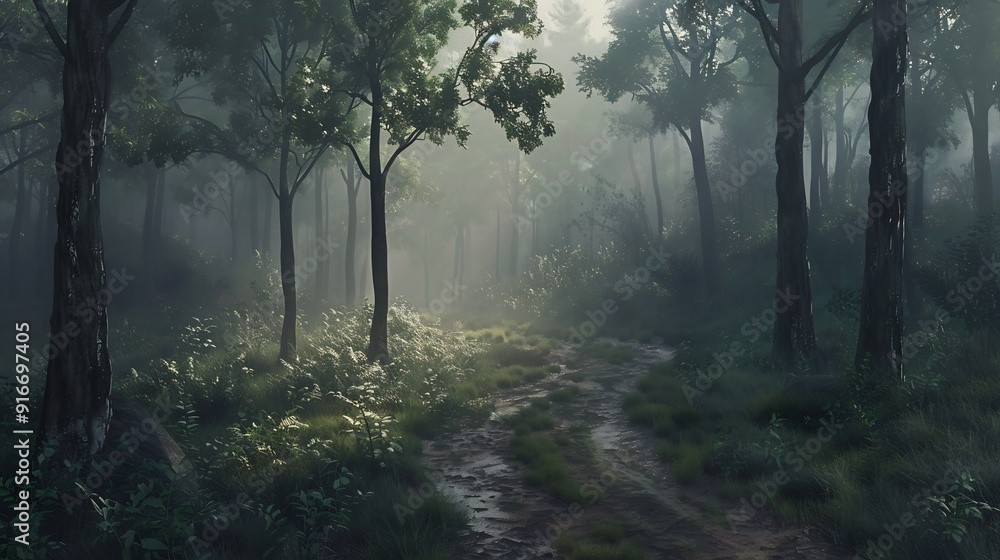 Naklejka premium the atmosphere of a path in a foggy forest, beautiful, and also a bit scary, ai-generated