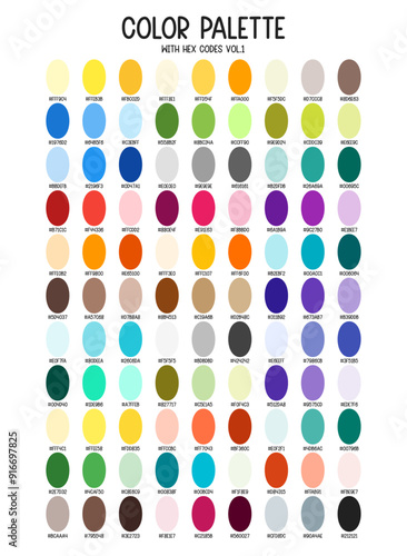 Colorful color palette with hex codes. Full color spectrum for bright contrast kids illustration, posters, web banners design or playful logo and etc.