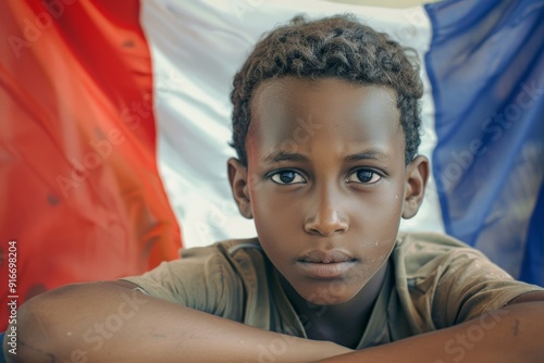 Melancholic somali teen stands french flag evoking strong sense of identity and adversity. France Struggles with Immigrant Assimilation Challenges. Narrative of young