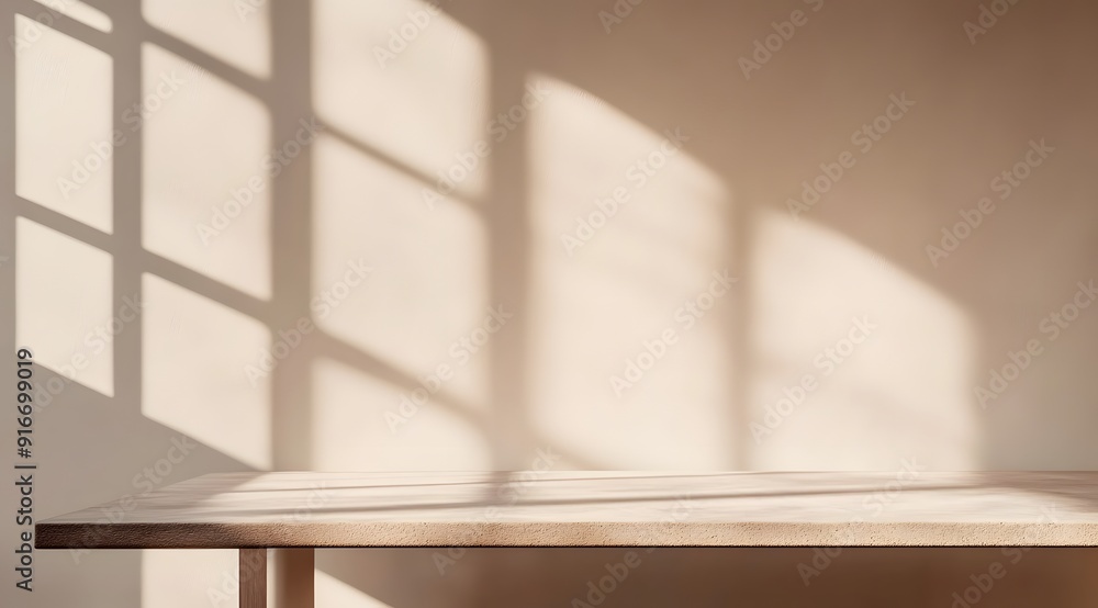 Close-up of a table with soft shadow on beige background for product display or presentation mockup Close-up of a table with soft shadow on beige background for product display or presentation mockup